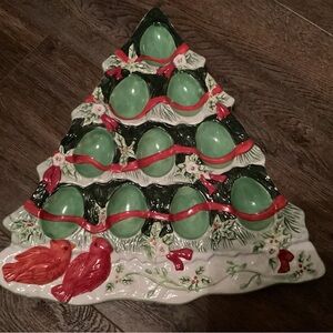Festive Ceramic Christmas Tree Platter with Red and Green Accents